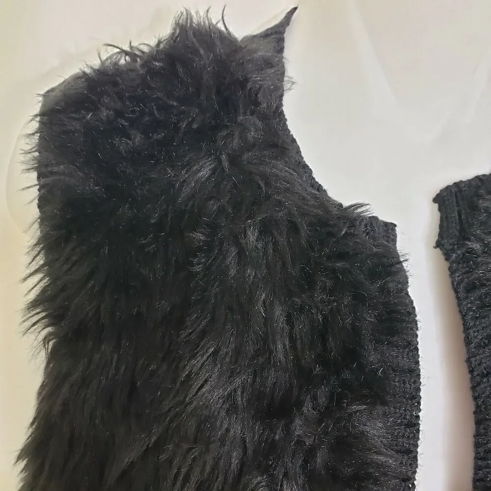 JJ Basics Womens Vest Size Large Faux Fur Black Sleeveless Lined Ribbed Back